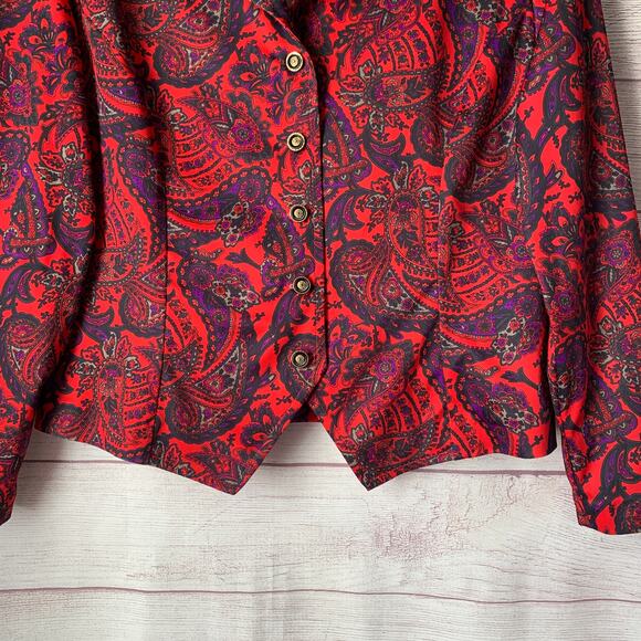 Vintage Blair Red Paisley Button Up Blouse Long Sleeve V-Neck Size 12P - Picture 3 of 15